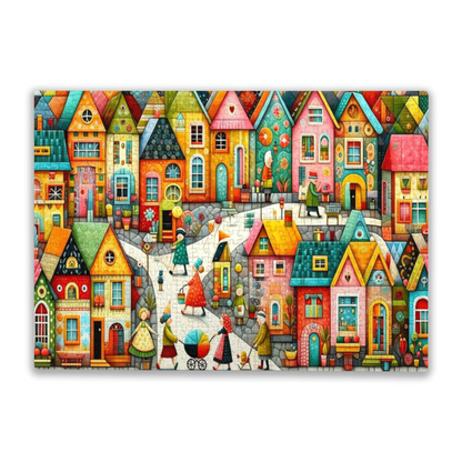 Whimsical Colorful Cartoon Town Folk Art Street View Puzzle