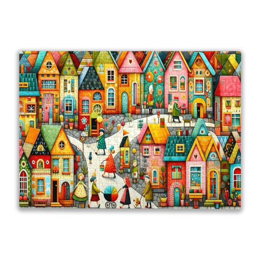 Whimsical Colorful Cartoon Town Folk Art Street View Puzzle
