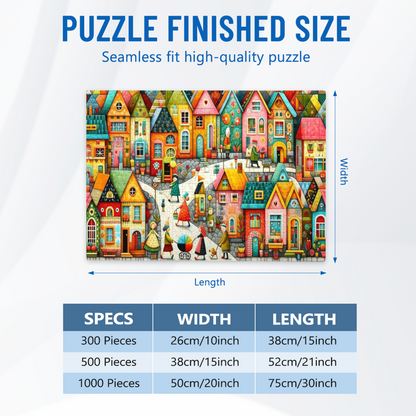 Whimsical Colorful Cartoon Town Folk Art Street View Puzzle