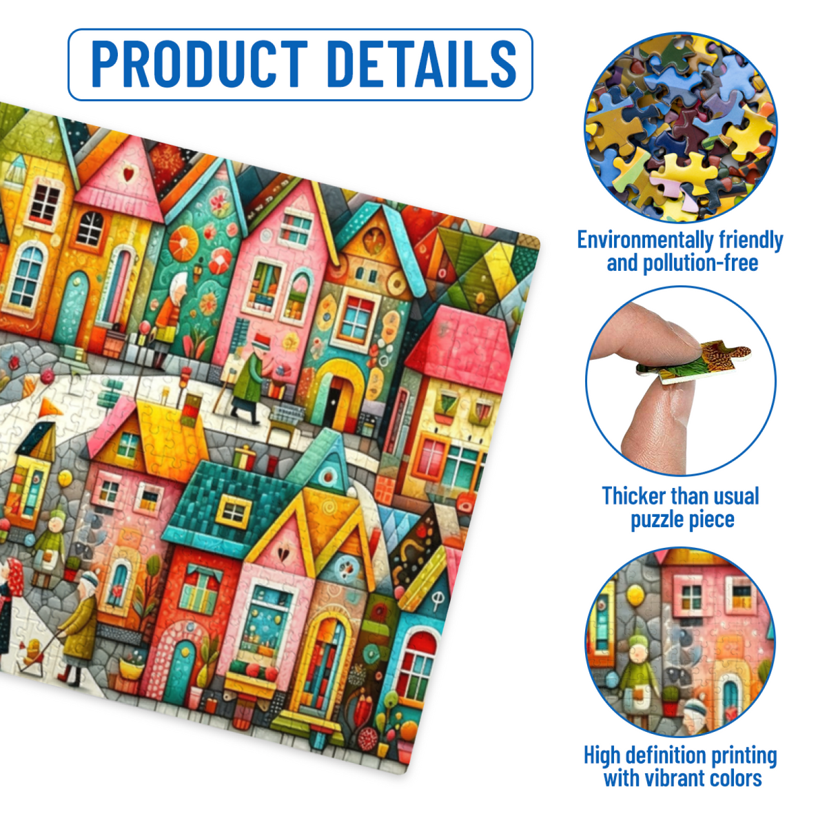 Whimsical Colorful Cartoon Town Folk Art Street View Puzzle