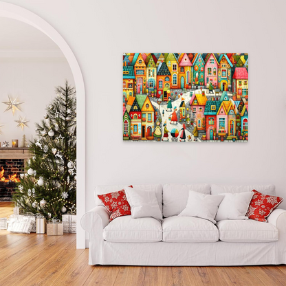 Whimsical Colorful Cartoon Town Folk Art Street View Puzzle
