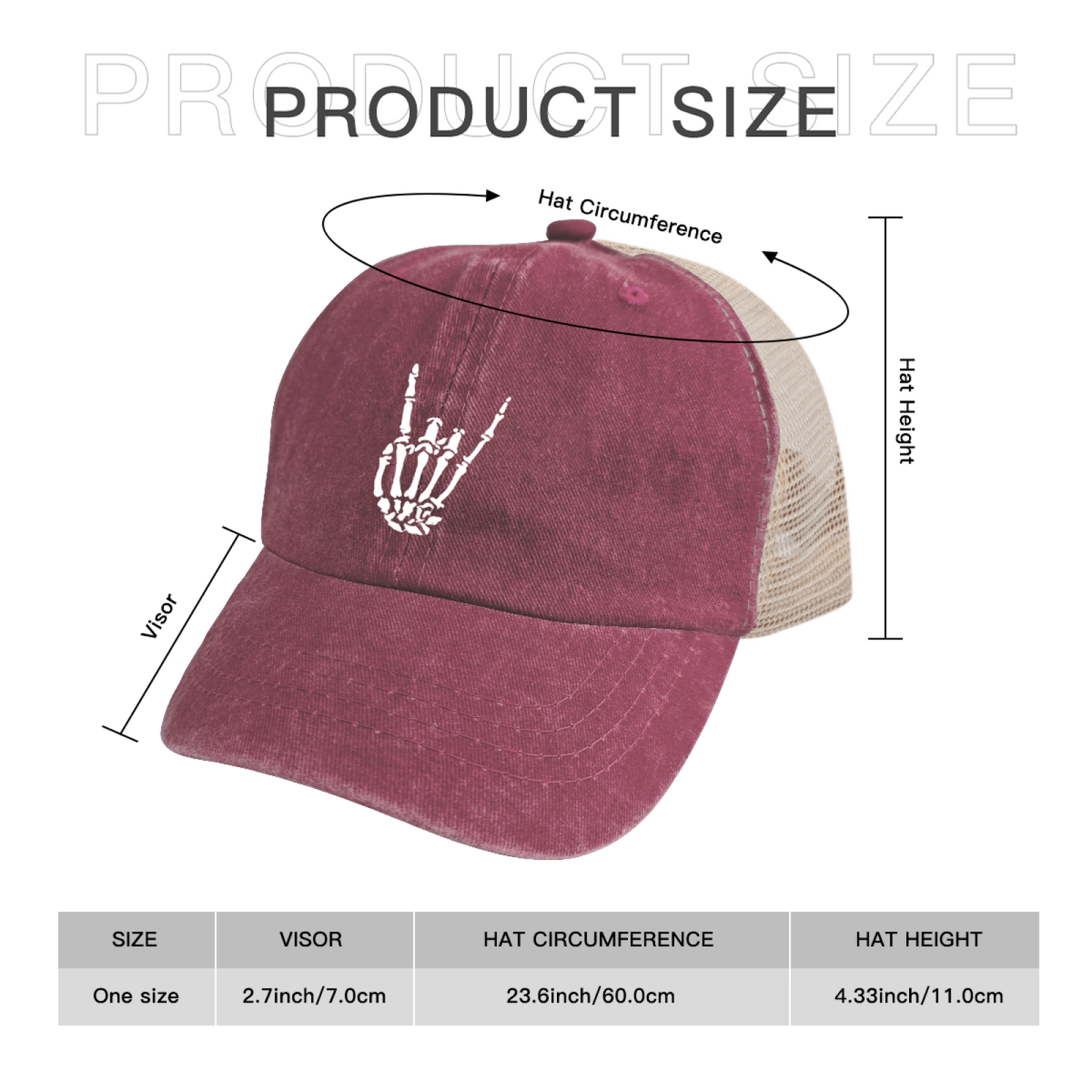 Skeleton Rock On Hand Sign Vintage Washed Mesh Trucker Hat, Rock Music Lovers Cap