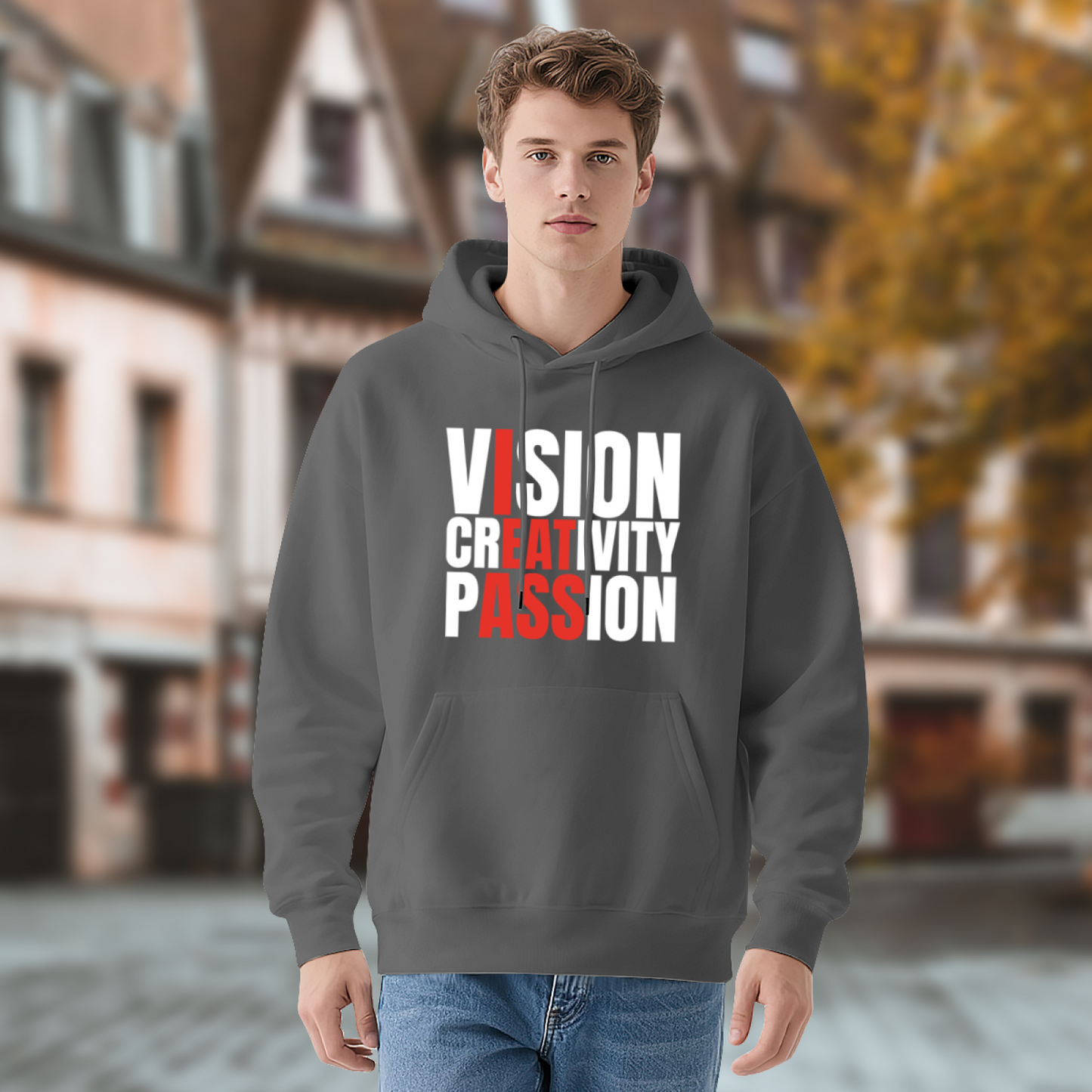 Vision Creativity Passion Slogan Gray Hoodie, Inspiring Soft Unisex Comfort Top