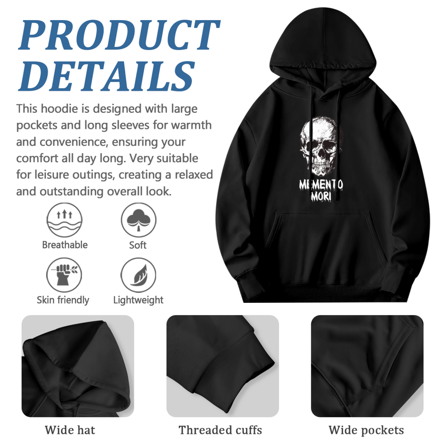 Memento Mori Gothic Skull Men¡¯s Hoodie, Warm Cozy Fabric
