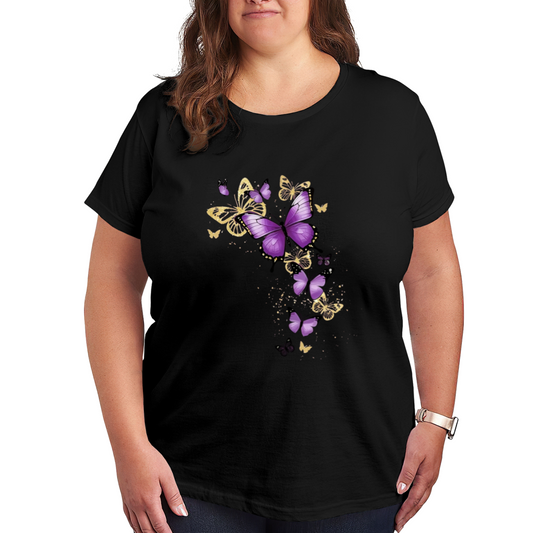 Sparkle Purple Gold Butterfly Graphic Black Plus Size Ladies Printed T-Shirt