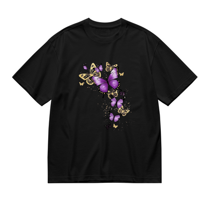 Sparkle Purple Gold Butterfly Graphic Black Plus Size Ladies Printed T-Shirt