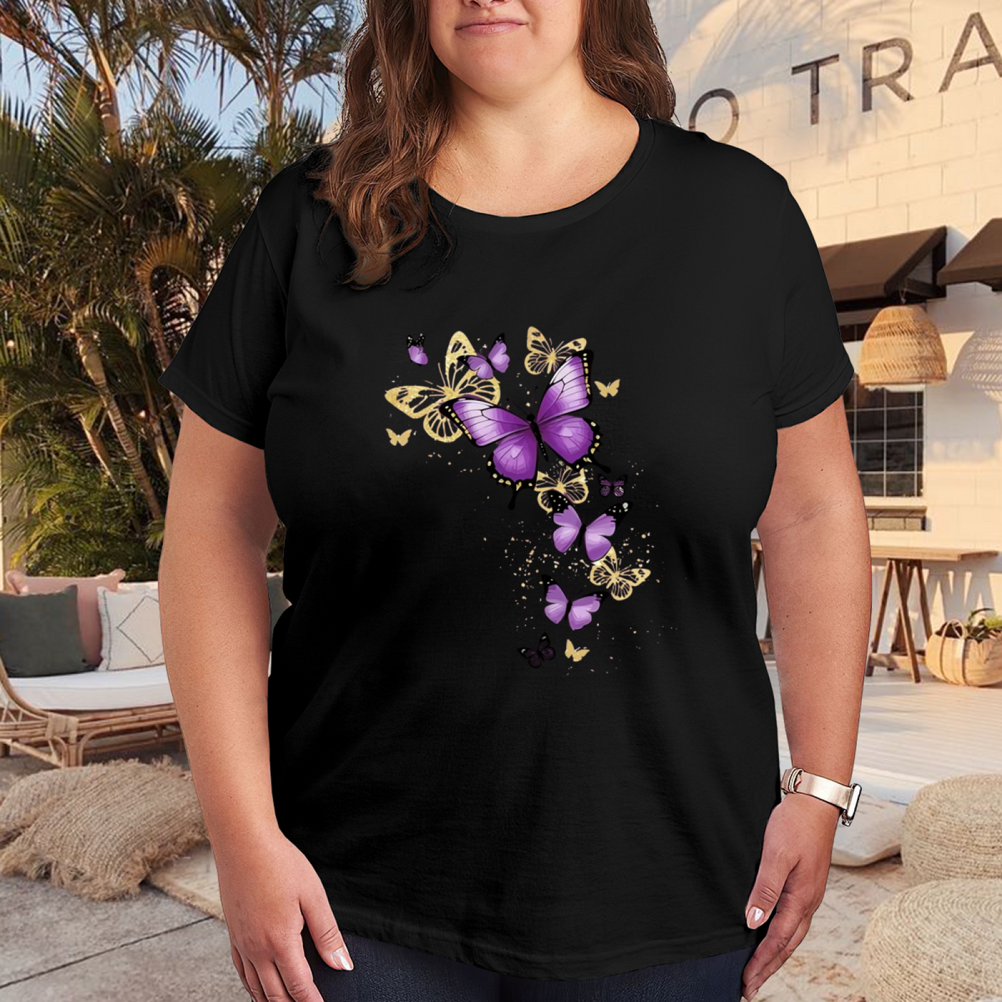 Sparkle Purple Gold Butterfly Graphic Black Plus Size Ladies Printed T-Shirt
