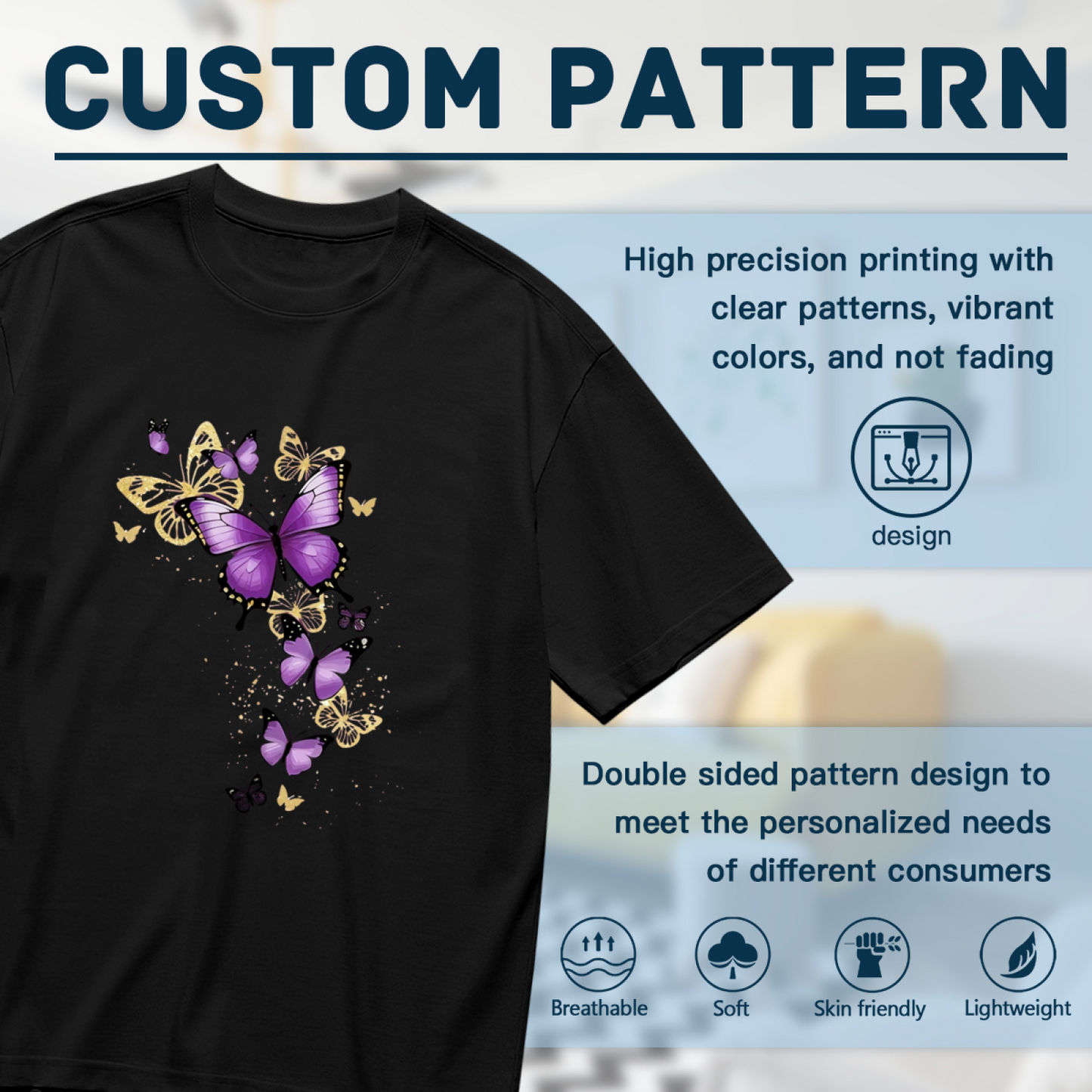 Sparkle Purple Gold Butterfly Graphic Black Plus Size Ladies Printed T-Shirt