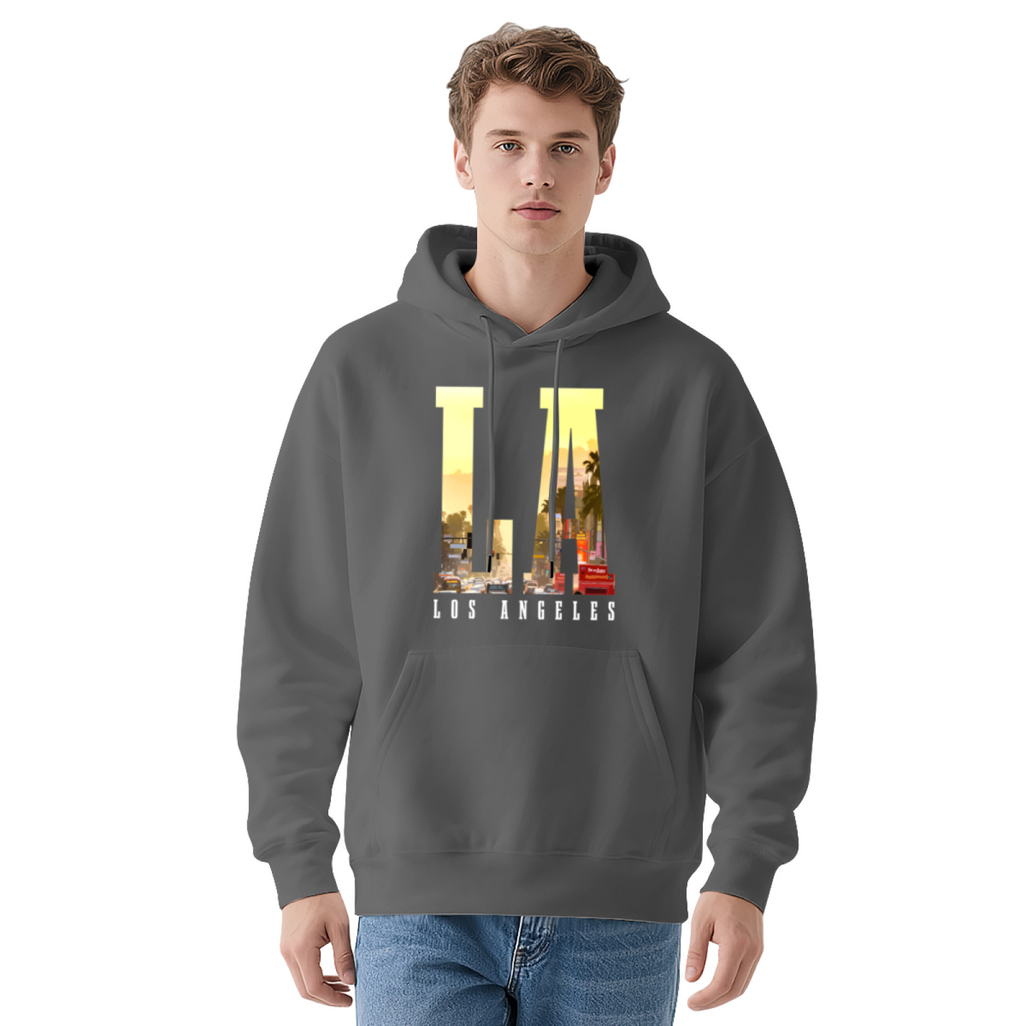 LA City Skyline Letter Black Hoodie, Los Angeles Vibe Soft Unisex Comfort Sweatshirt