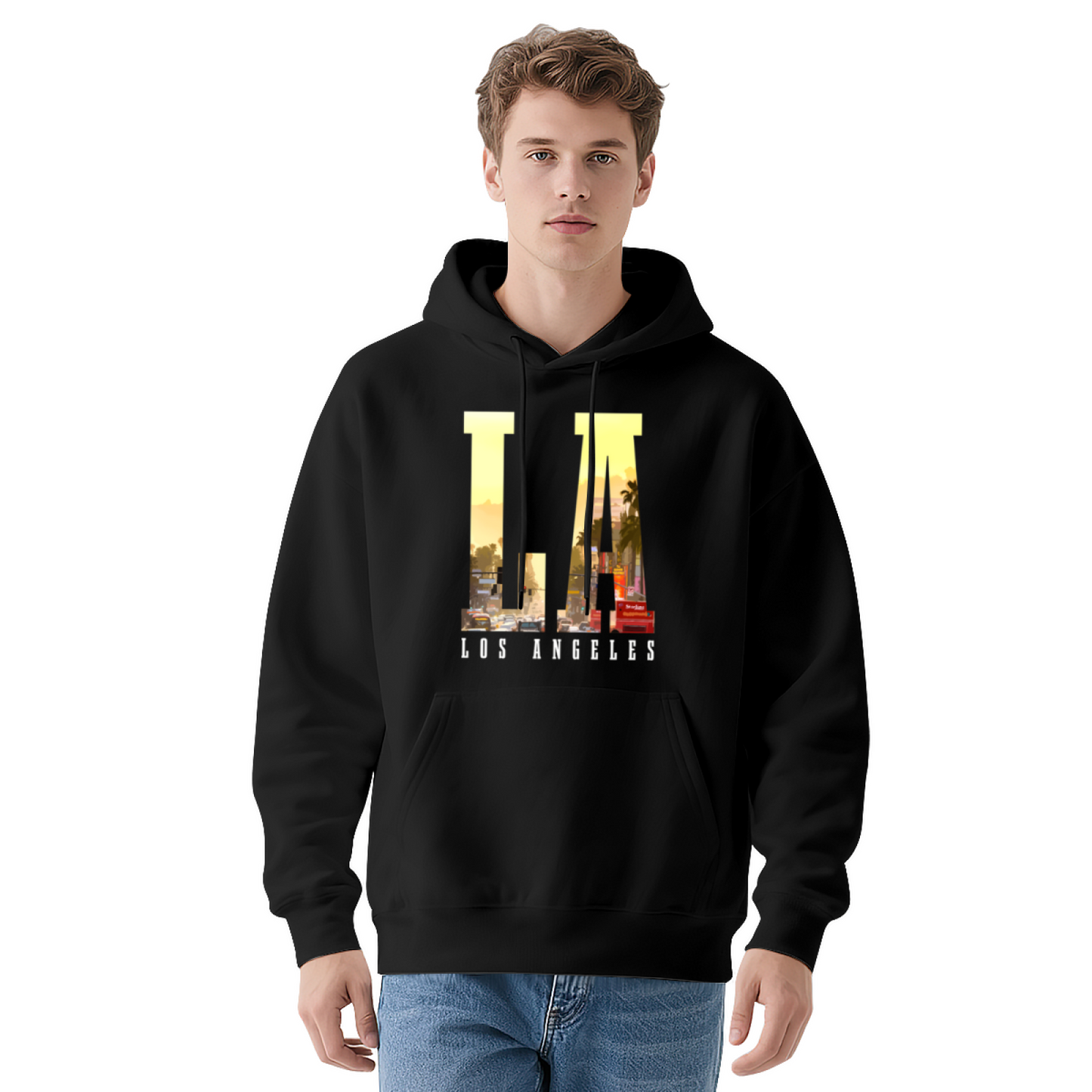 LA City Skyline Letter Black Hoodie, Los Angeles Vibe Soft Unisex Comfort Sweatshirt