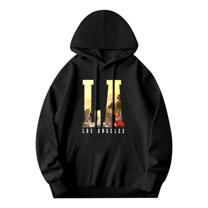 LA City Skyline Letter Black Hoodie, Los Angeles Vibe Soft Unisex Comfort Sweatshirt