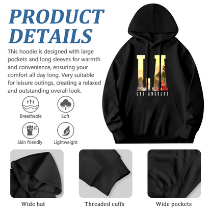 LA City Skyline Letter Black Hoodie, Los Angeles Vibe Soft Unisex Comfort Sweatshirt