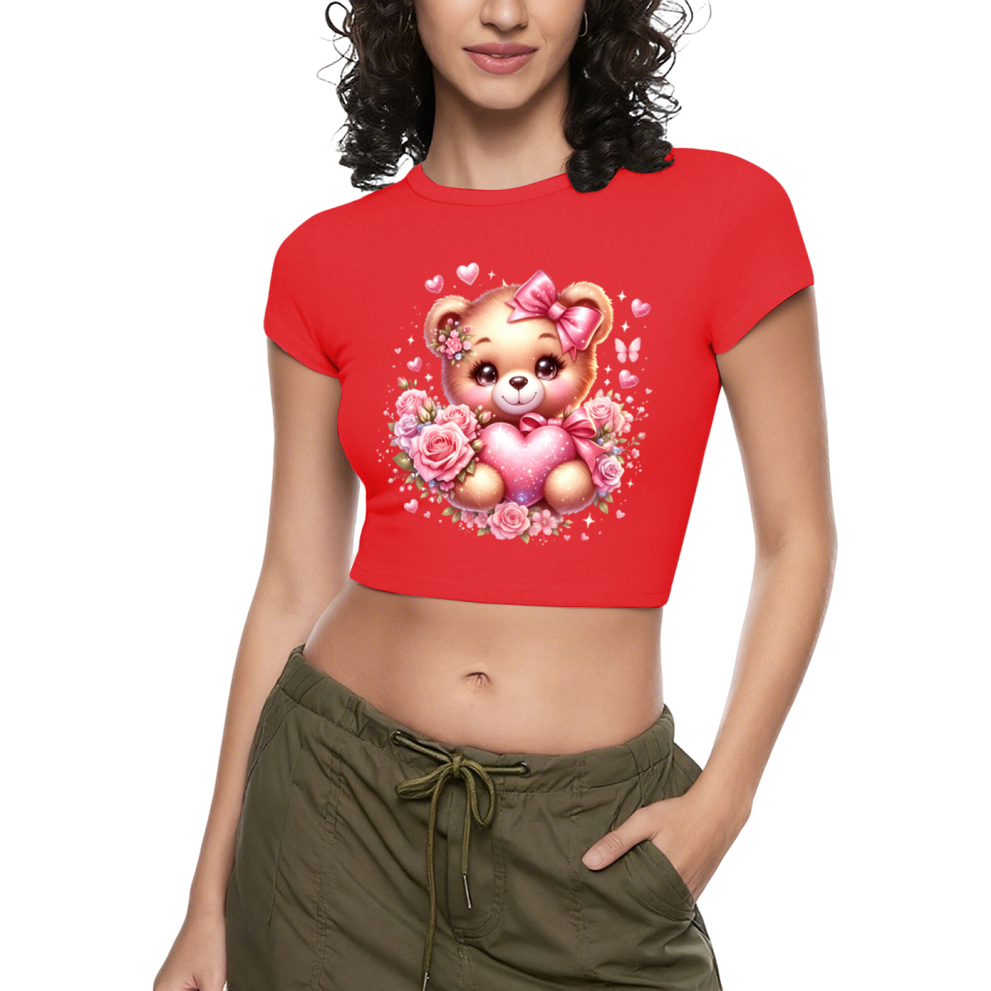 Coquette Pink Cute Teddy Bear Rose Heart Cropped Baby Tee