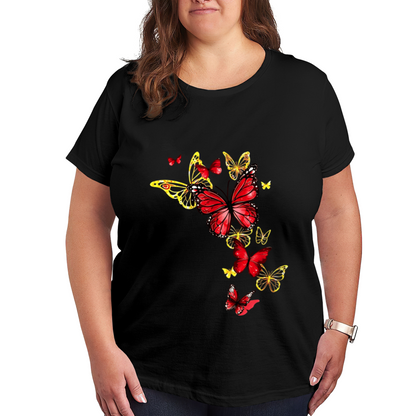 Vibrant Red & Gold Transparent Butterfly Floral Art Plus Size Ladies Tee Shirt