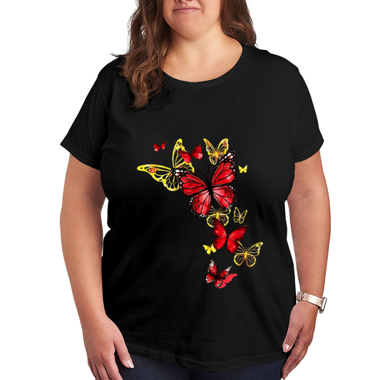 Vibrant Red & Gold Transparent Butterfly Floral Art Plus Size Ladies Tee Shirt