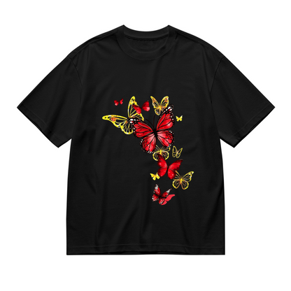 Vibrant Red & Gold Transparent Butterfly Floral Art Plus Size Ladies Tee Shirt
