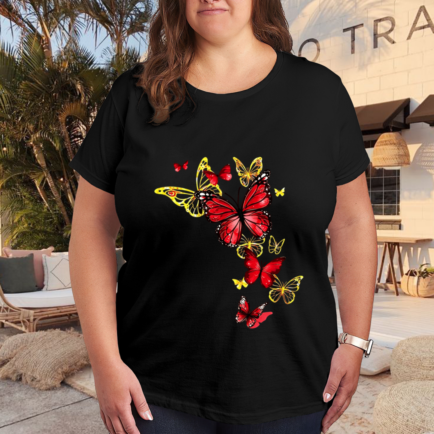 Vibrant Red & Gold Transparent Butterfly Floral Art Plus Size Ladies Tee Shirt