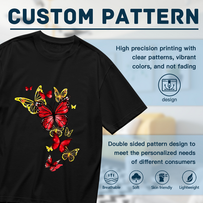 Vibrant Red & Gold Transparent Butterfly Floral Art Plus Size Ladies Tee Shirt
