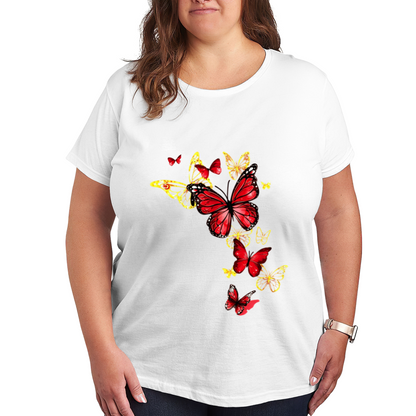 Vibrant Red & Gold Transparent Butterfly Floral Art Plus Size Ladies Tee Shirt