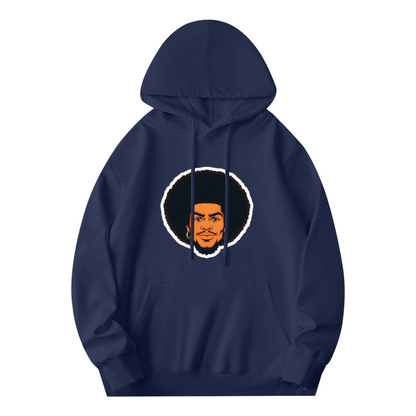 Afro Hairstyle Man Cartoon Portrait Navy Hoodie, Soft Casual Men Graphic Sweatshirt