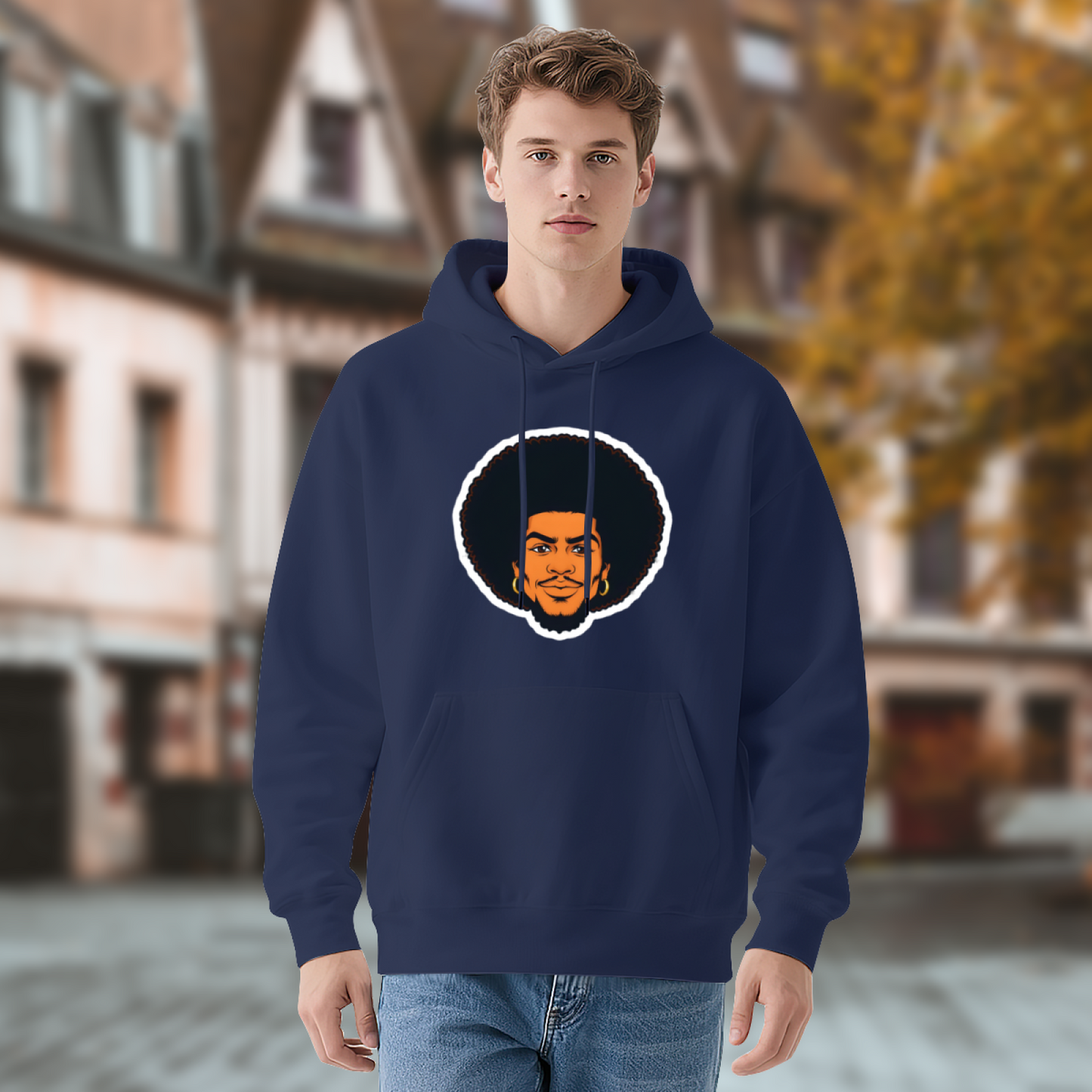 Afro Hairstyle Man Cartoon Portrait Navy Hoodie, Soft Casual Men Graphic Sweatshirt