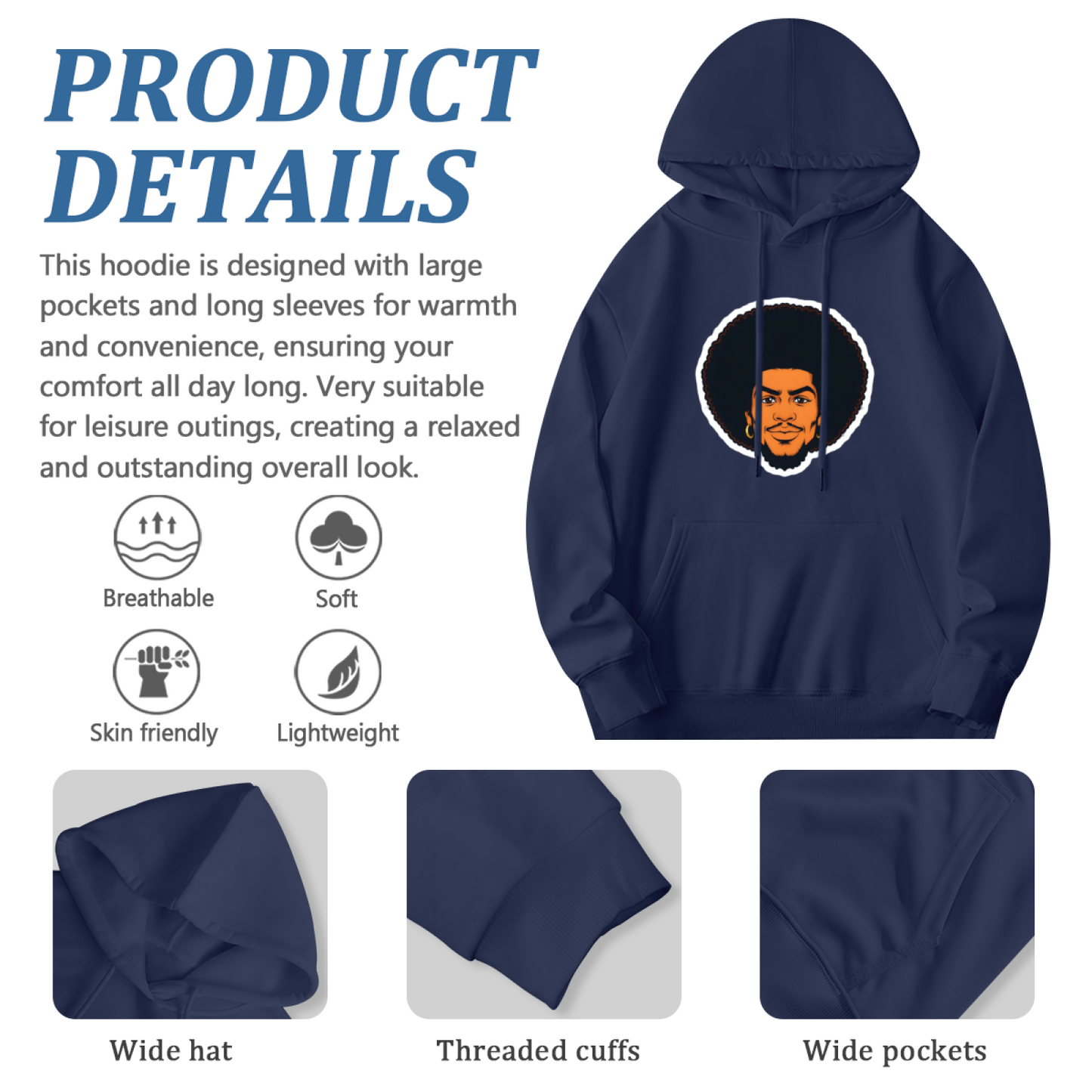 Afro Hairstyle Man Cartoon Portrait Navy Hoodie, Soft Casual Men Graphic Sweatshirt
