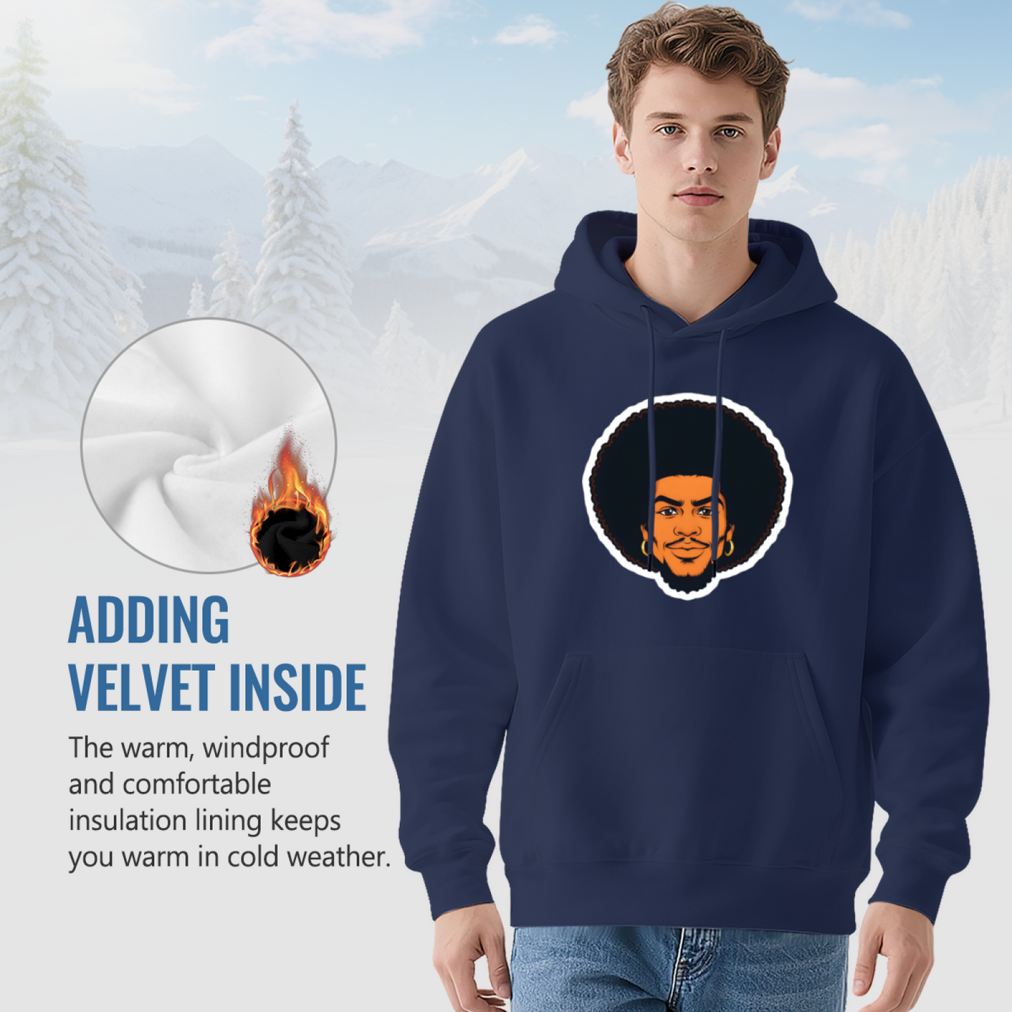 Afro Hairstyle Man Cartoon Portrait Navy Hoodie, Soft Casual Men Graphic Sweatshirt