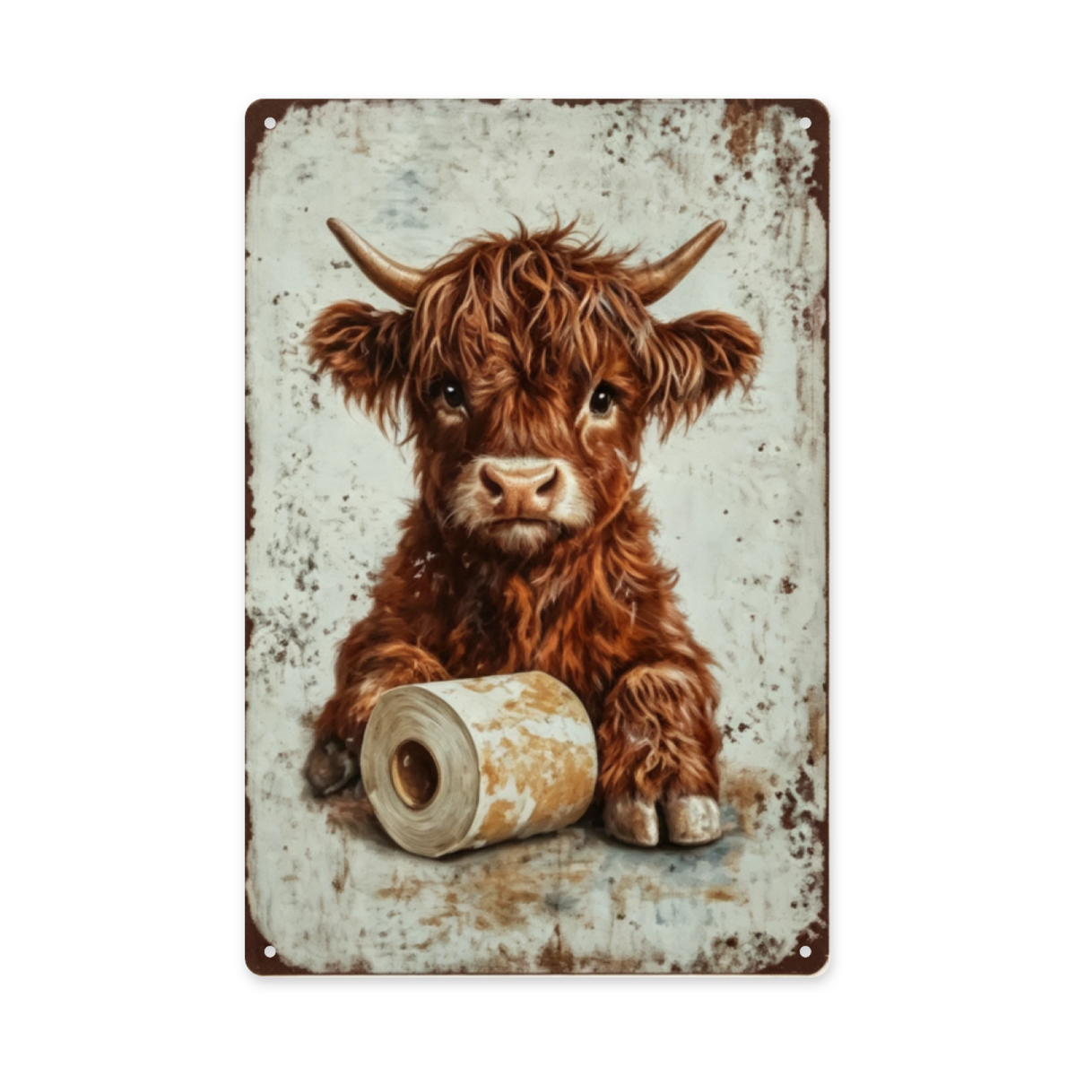 Fluffy Highland Cow With Toilet Paper Rustic Bathroom Tin Sign