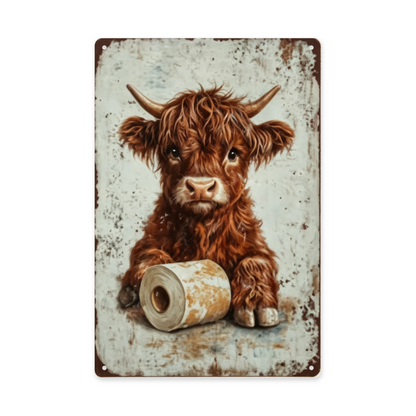 Fluffy Highland Cow With Toilet Paper Rustic Bathroom Tin Sign