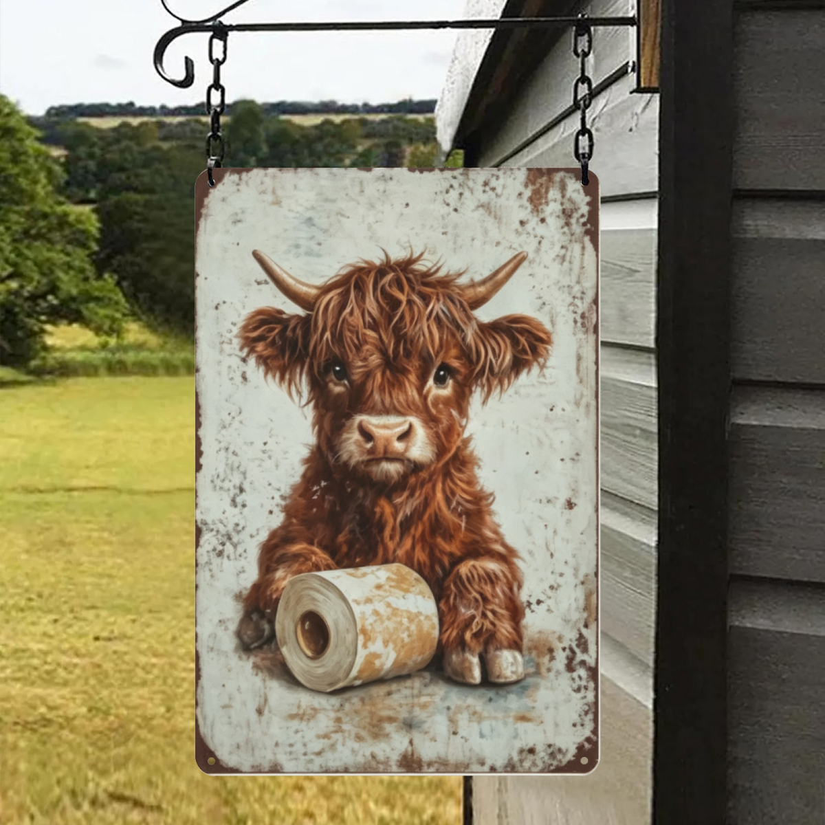 Fluffy Highland Cow With Toilet Paper Rustic Bathroom Tin Sign