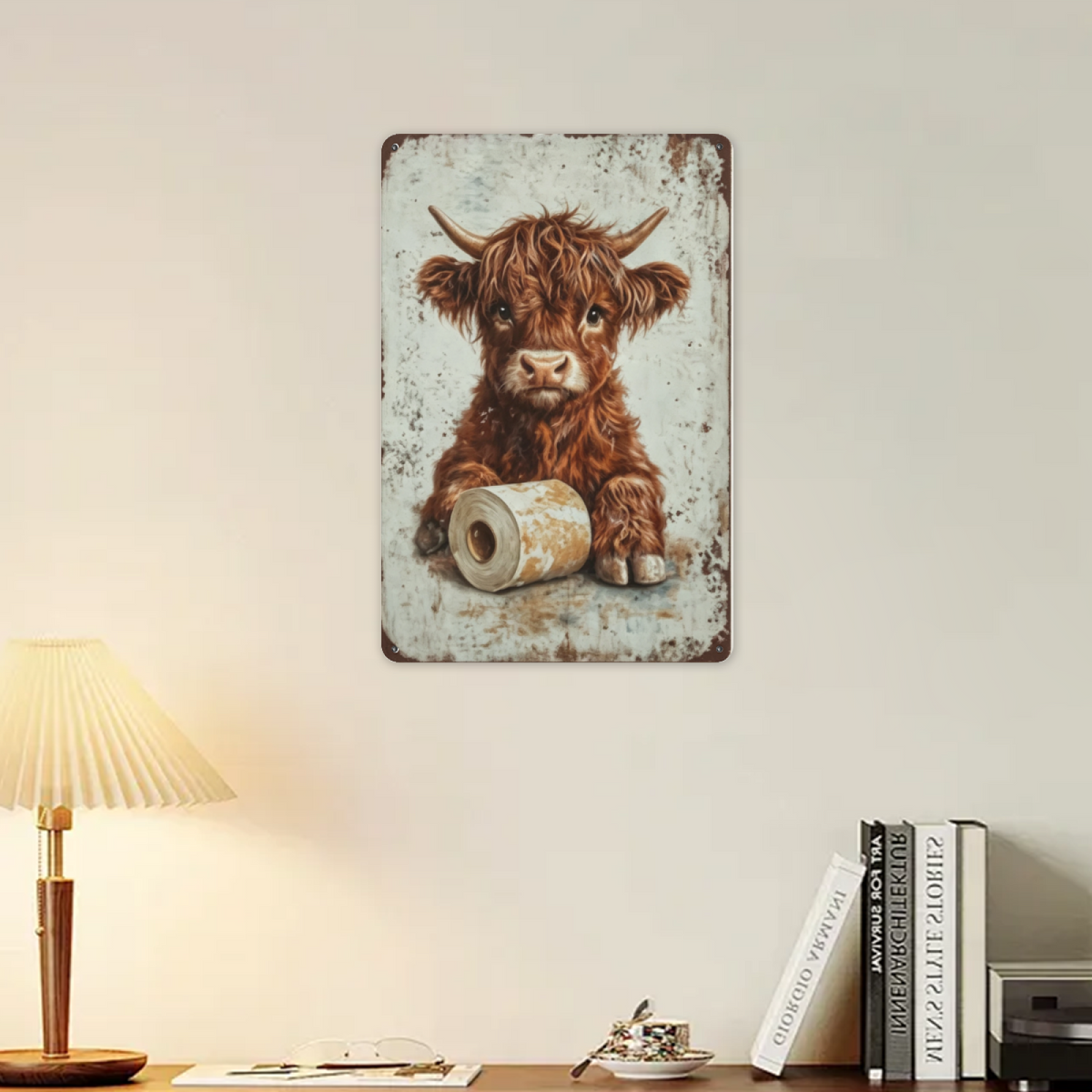 Fluffy Highland Cow With Toilet Paper Rustic Bathroom Tin Sign