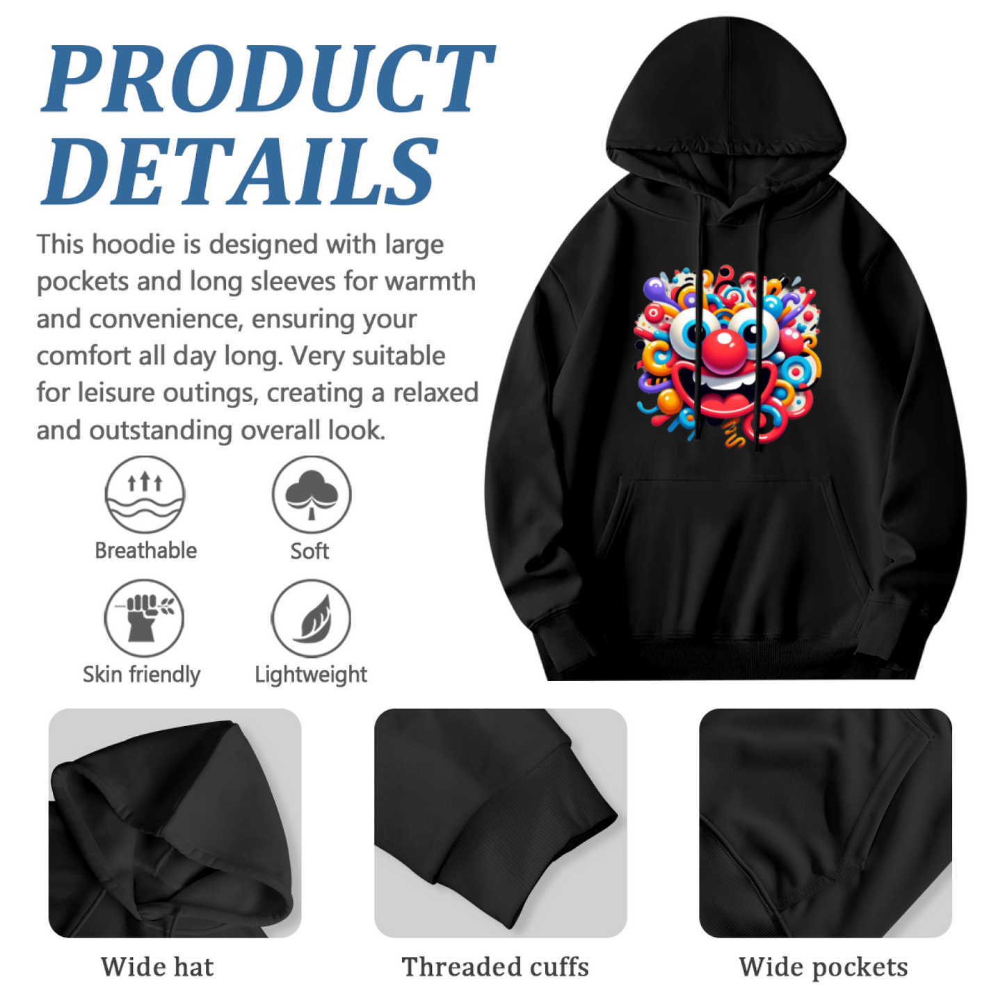Colorful Abstract Clown Cartoon Print Hoodie, Comfort Trendy Street Top