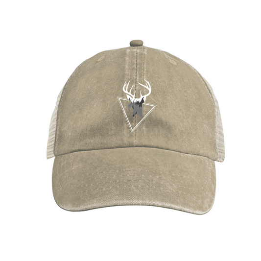 Mountain Deer Antler Triangle Khaki Washed Mesh Outdoor Hunting Trucker Hat