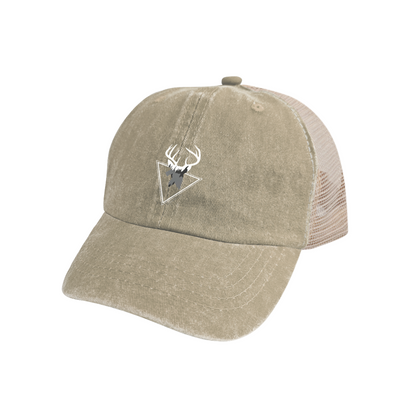 Mountain Deer Antler Triangle Khaki Washed Mesh Outdoor Hunting Trucker Hat