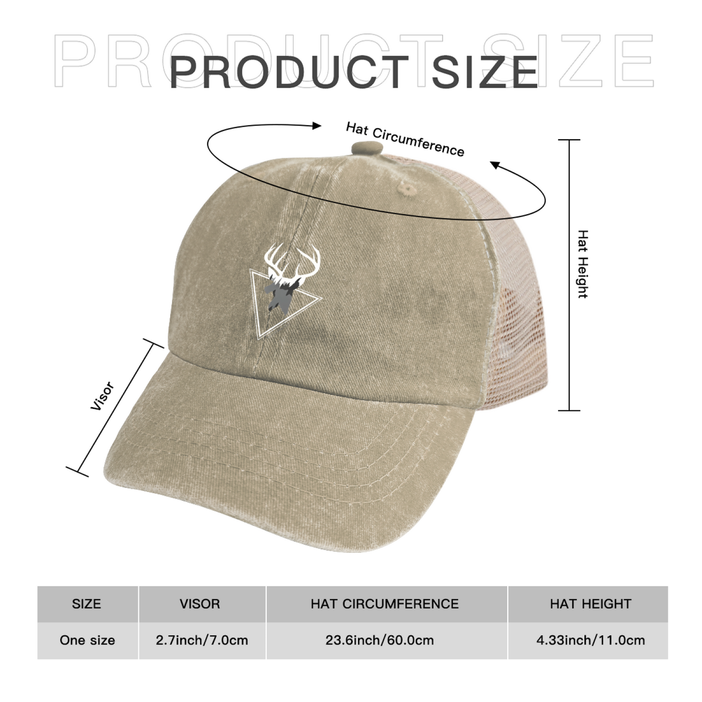 Mountain Deer Antler Triangle Khaki Washed Mesh Outdoor Hunting Trucker Hat