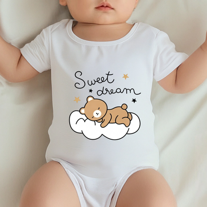 Sweet Dream Sleepy Bear On Cloud Soft White Baby Bodysuit