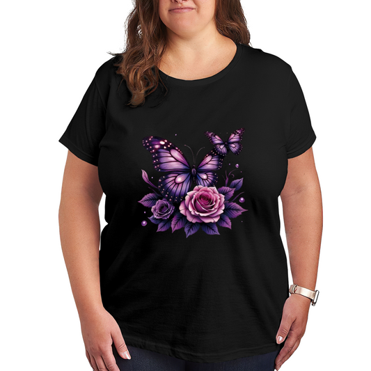 Shiny Purple Roses & Sparkle Butterflies Fairycore Plus Size Women Printed T-Shirt