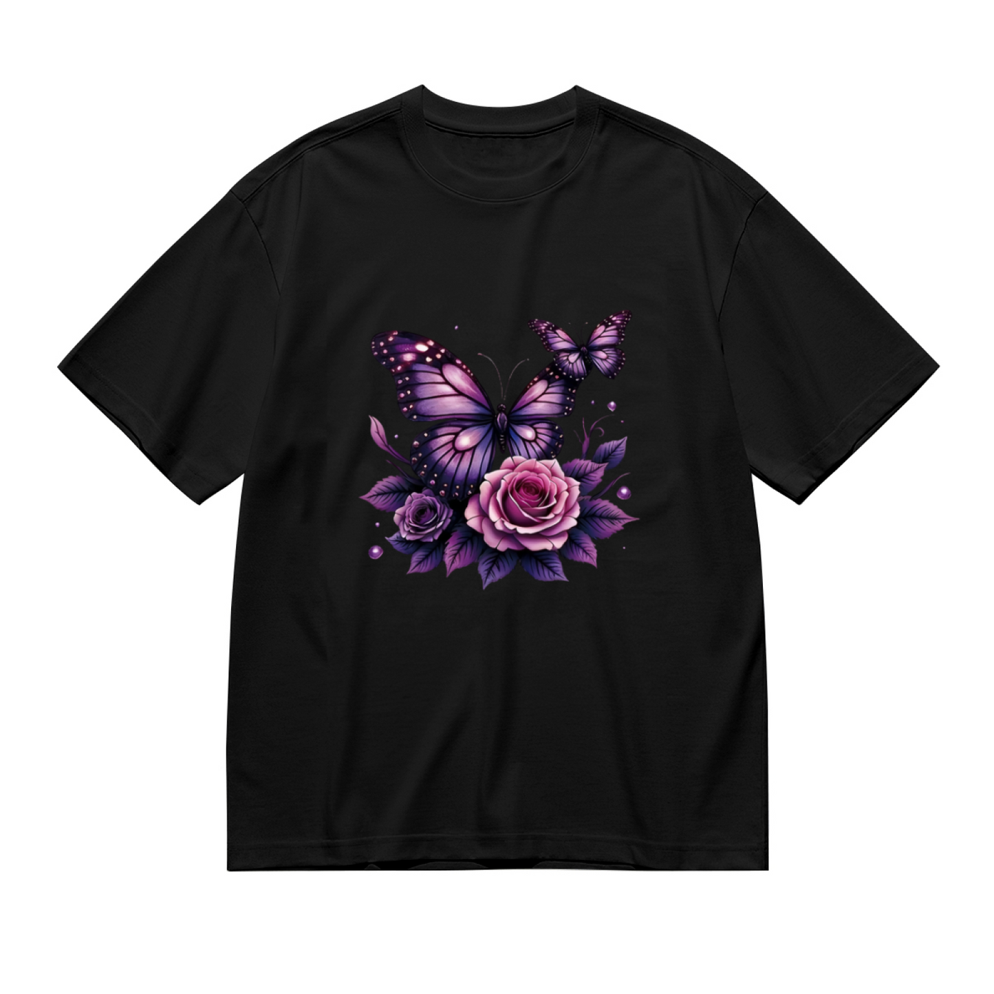 Shiny Purple Roses & Sparkle Butterflies Fairycore Plus Size Women Printed T-Shirt