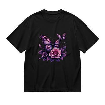 Shiny Purple Roses & Sparkle Butterflies Fairycore Plus Size Women Printed T-Shirt