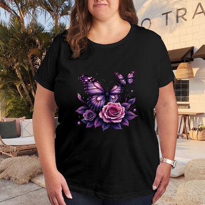 Shiny Purple Roses & Sparkle Butterflies Fairycore Plus Size Women Printed T-Shirt