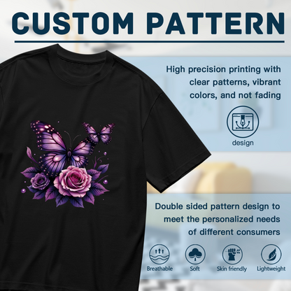 Shiny Purple Roses & Sparkle Butterflies Fairycore Plus Size Women Printed T-Shirt