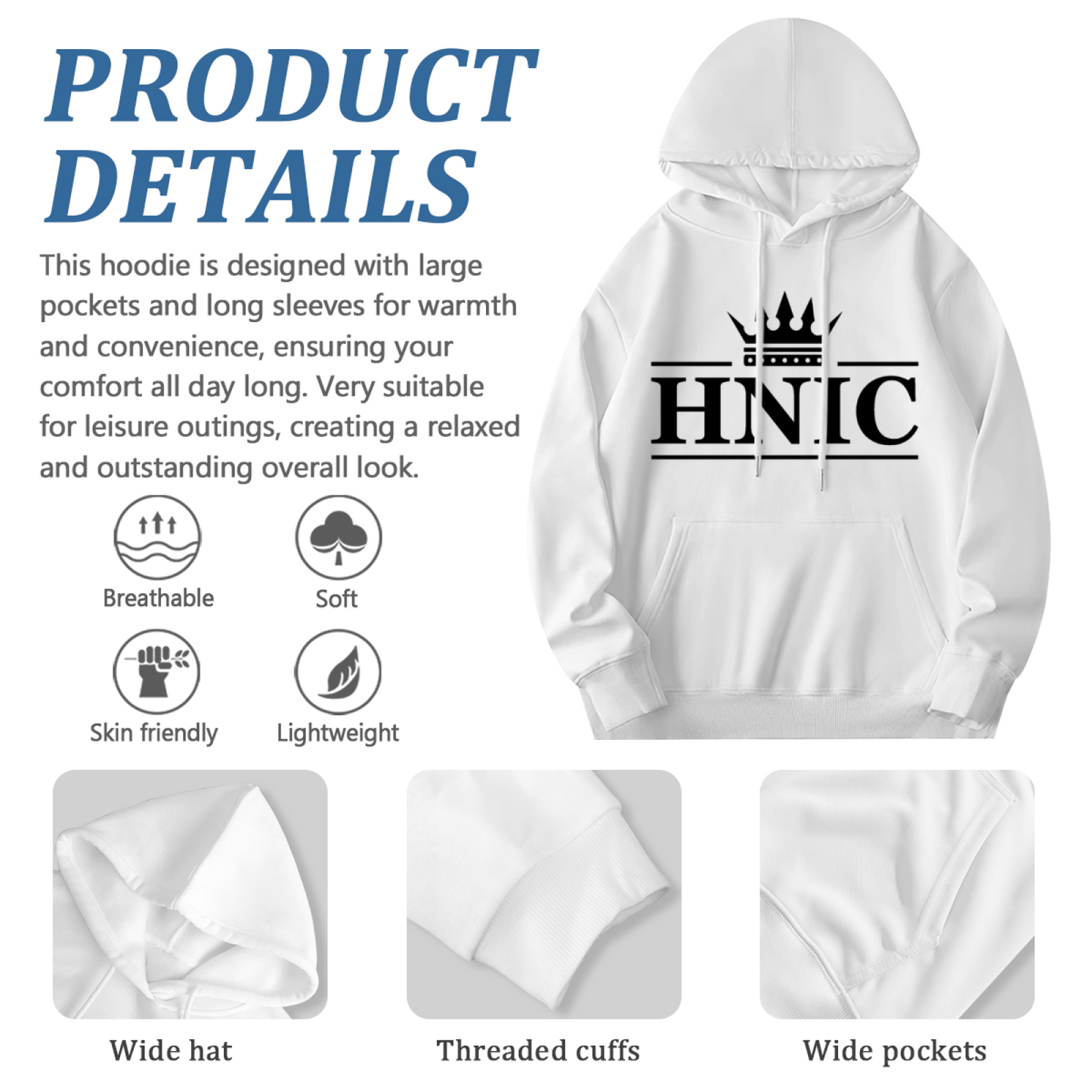 Classic HNIC Crown Logo White Hoodie, Soft Minimalist Top