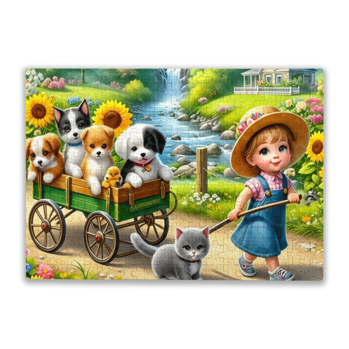 Little Girl Pulling Cart with Puppies & Kitten ¨C Sweet Farm Cartoon Puzzle