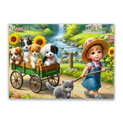 Little Girl Pulling Cart with Puppies & Kitten ¨C Sweet Farm Cartoon Puzzle