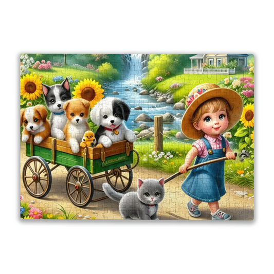 Little Girl Pulling Cart with Puppies & Kitten ¨C Sweet Farm Cartoon Puzzle