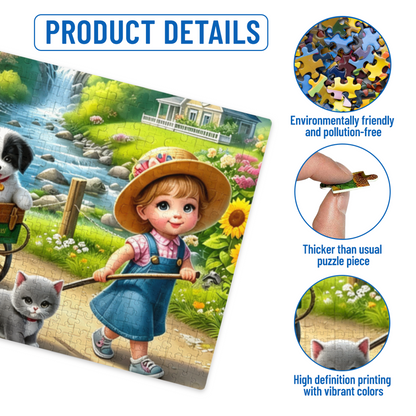 Little Girl Pulling Cart with Puppies & Kitten ¨C Sweet Farm Cartoon Puzzle
