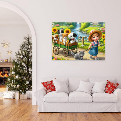 Little Girl Pulling Cart with Puppies & Kitten ¨C Sweet Farm Cartoon Puzzle