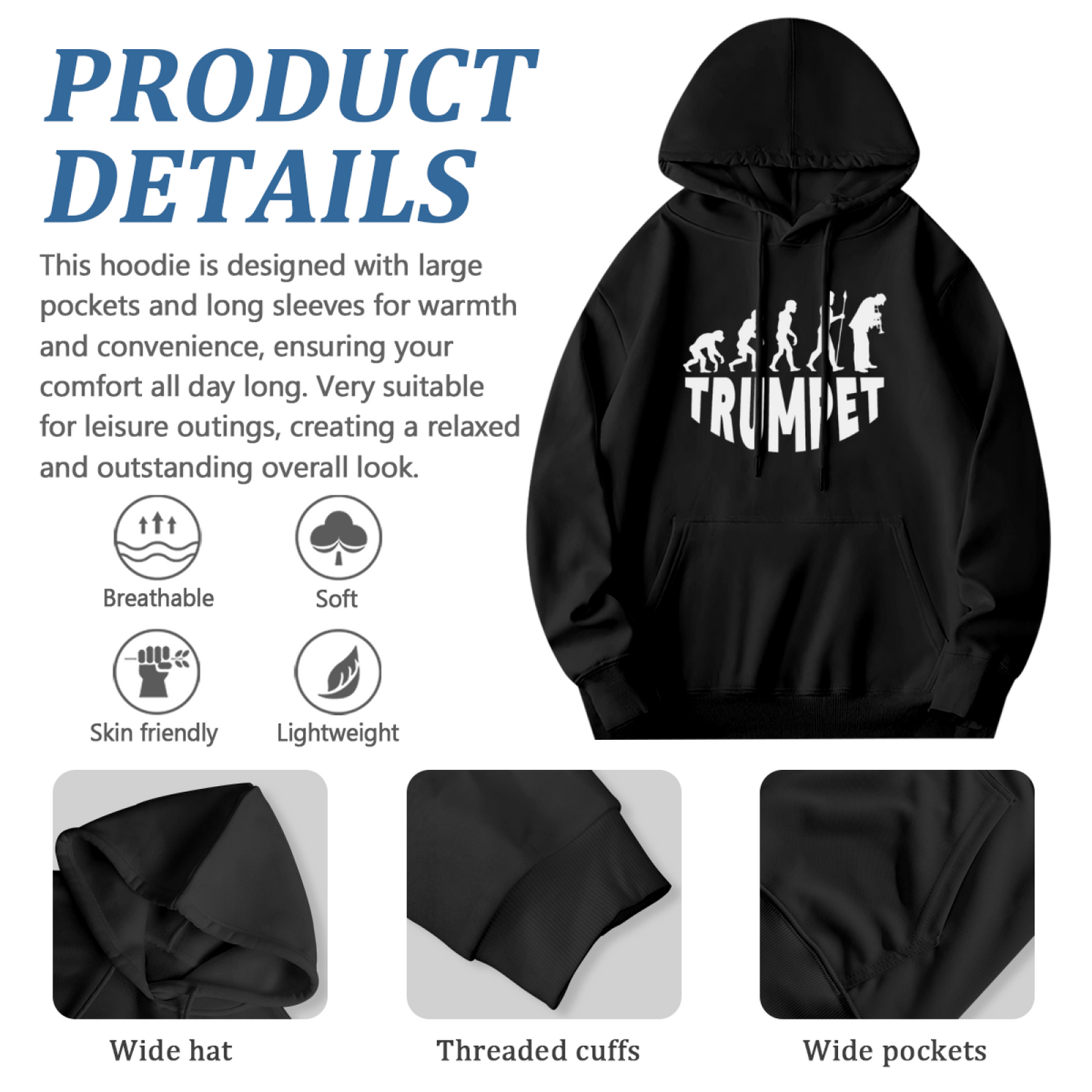 Evolution To Trumpet Player Graphic Hoodie, Soft Comfort Music Lover Black Hoodie