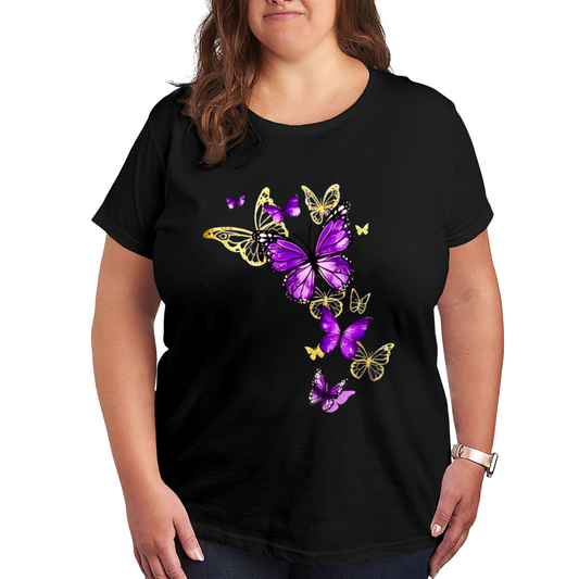 Luxe Purple & Gold Mixed Butterflies Flowing Pattern Plus Size Women Printed T-Shirt