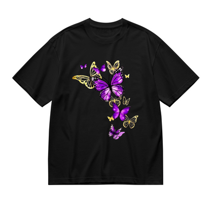 Luxe Purple & Gold Mixed Butterflies Flowing Pattern Plus Size Women Printed T-Shirt